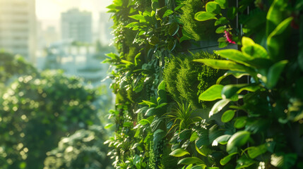 Fototapeta premium Close up of vertical garden featuring lush green plants, showcasing vibrant urban landscape. sunlight enhances natural beauty and tranquility of greenery