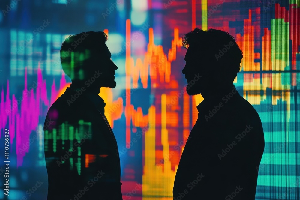 Poster silhouetted business figures against a vibrant financial data background with colorful graphs and ch