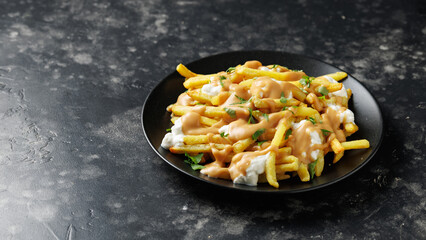 Delicious traditional canadian dish poutine gravy and fries with cheese. Rotating video