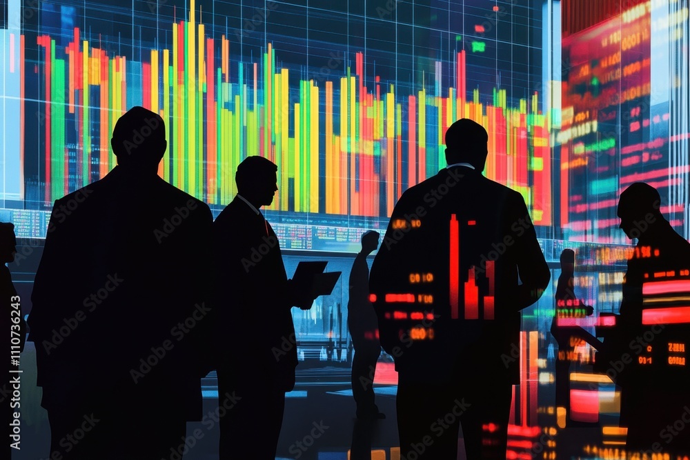 Poster silhouettes of business professionals analyzing financial data with colorful graphs and charts in a 