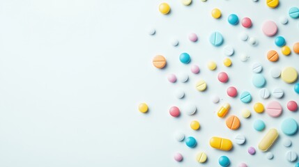 A colorful arrangement of various pills and tablets scattered on a light background, showcasing different shapes and sizes.