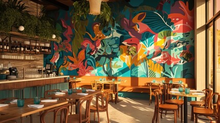 Fototapeta premium Sunlit restaurant interior with vibrant mural, wooden tables, and chairs.