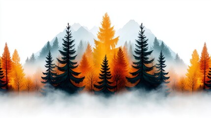 Obraz premium Vibrant Autumn Forest Landscape with Misty Mountains in Background