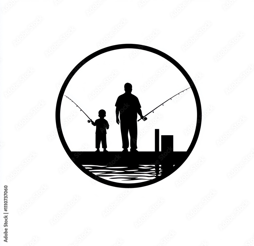 Poster here's a and keyword list suitable for stock photo submission.. father and son fishing from a dock, 
