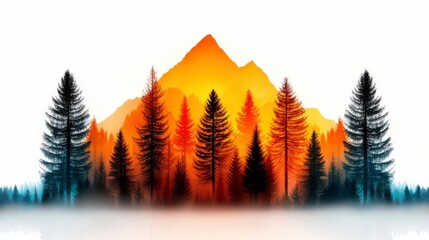 Obraz premium Vibrant Sunset Over Majestic Mountains and Lush Pine Forests