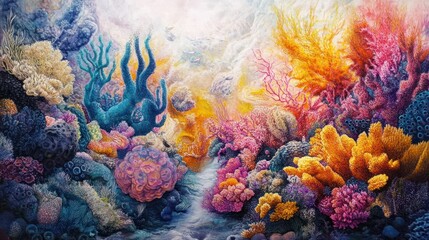 Naklejka premium Vibrant coral reef scene with diverse colorful corals and marine life.