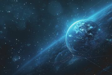 Fototapeta premium Abstract digital background with a blue gradient and glowing planets with connecting dots.
