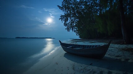 A wooden boat anchored near a moonlit beach with trees in the background