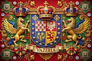 Naklejka premium Majestic Coat of Arms of the Western Unistran Empire of Vazeria, Symbolizing Power and Authority Under the Rule of the Ultimate Priest, Featuring a Grand Shield Divided into Quarters