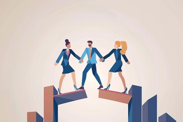 Three people are holding hands and crossing a bridge