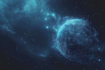 Obraz premium Abstract digital background with a blue gradient and glowing planets with connecting dots.