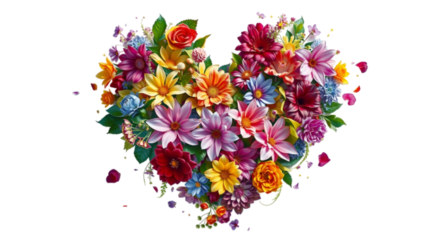 The shape of a heart drawn with a multitude of leaves and colorful flowers on a white background, Velentine Day, Propose Day, Rose Day, Kiss Day