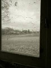 A vintage retro window with cobwebs, offering a serene view of the countryside, capturing an old, nostalgic atmosphere.