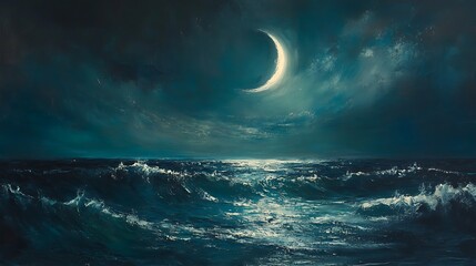 Waves glistening under the soft light of a crescent moon over a dark sea