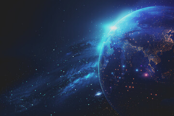 Obraz premium Abstract digital background with a blue gradient and glowing planets with connecting dots.