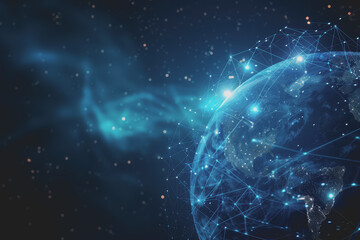 Abstract digital background with a blue gradient and glowing planets with connecting dots.