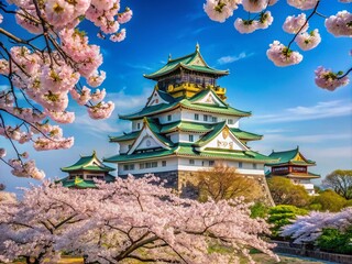 Fototapeta premium Majestic Osaka Castle Surrounded by Cherry Blossoms and Traditional Japanese Architecture in a Scenic Landscape Photography Capture of Osaka, Japan's Historic Treasures