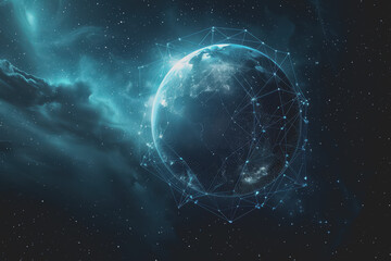 Obraz premium Abstract digital background with a blue gradient and glowing planets with connecting dots.