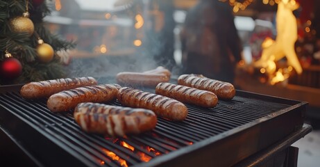 Grilling Sausages at a Christmas Market Food Stall. AI generated illustration.