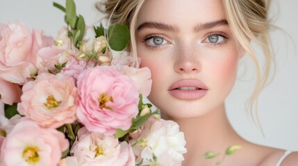 Fototapeta premium Woman with natural makeup holding a bouquet of soft pink flowers, representing beauty and elegance with a soft expression.