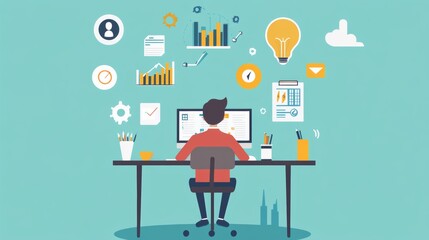 Small business startup setup with a young entrepreneur at a desk