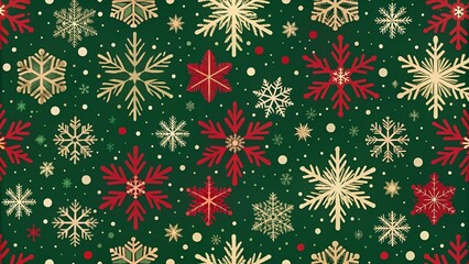 Festive Christmas background with snowflakes and stars in red and gold on green