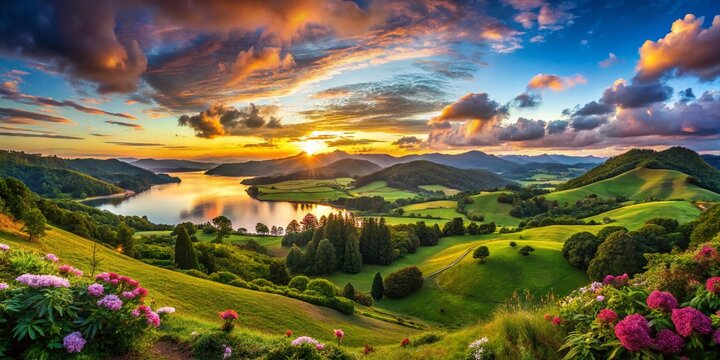 Majestic Panoramic View of Victoria Reggie Landscape at Sunset with Vibrant Colors, Lush Greenery, and Serene Waters, Capturing the Beauty of Nature and Tranquility