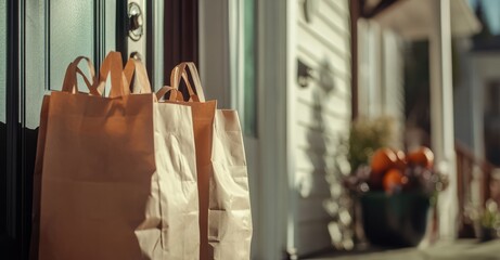 Groceries in Paper Bags at House Door. AI generated illustration.
