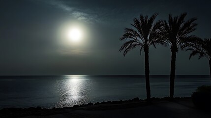 Silhouettes of palm trees against a glowing moonlit sky over the sea