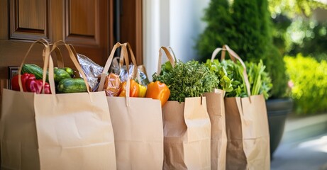 Groceries in Paper Bags at House Door. AI generated illustration.