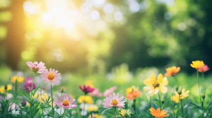 Fototapeta premium Vibrant flower bed with a variety of colorful blooms in a well-kept garden, evoking spring and nature's beauty.