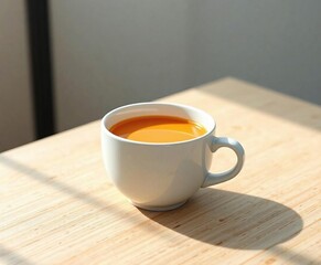 Warm liquid in a white ceramic cup on a light wooden surface , morning scene, light wood table, warm milk tea