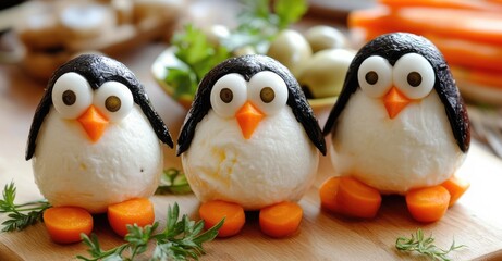 Healthy Fun Art Food Snacks Shaped as Penguins. AI generated illustration.