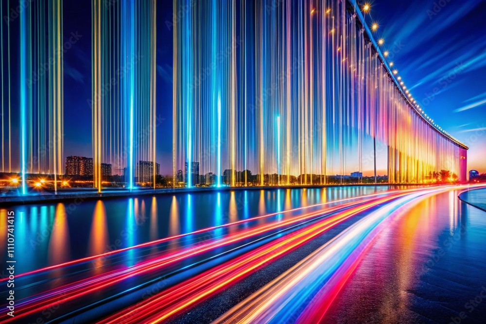 Poster mesmerizing gradual rhythmic light trails on a blue background captured in high depth of field for s