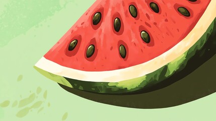 Here's a description inspired by stock image bestsellers:  Juicy watermelon slice, vibrant red flesh speckled with dark seeds, rests on a pastel green