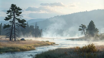 Fototapeta premium Watercolor scene with misty atmosphere and wisps of smoke floating gently, smoke, serene