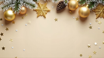 Festive gold Christmas decorations with sparkling baubles, a snowflake, and star confetti on a beige background, creating an elegant and sophisticated holiday ambiance.