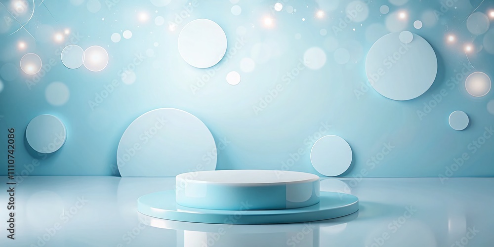 Poster minimalist 3d blue podium with circular backdrop in soft pastel background for elegant product displ