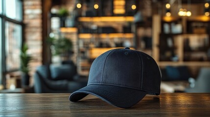 Black Baseball Cap on Wooden Table with Blurred Background