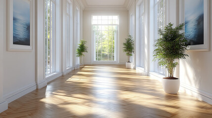 Obraz premium Sun-drenched, Elegant Interior Hallway with Herringbone Flooring