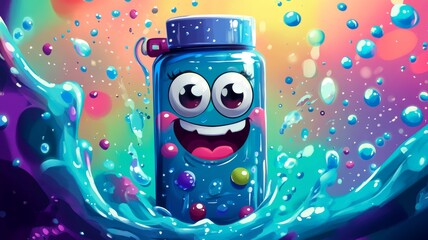 A cartoonish blue jar with a smiling face and a mouth full of marbles. The jar is surrounded by water and bubbles