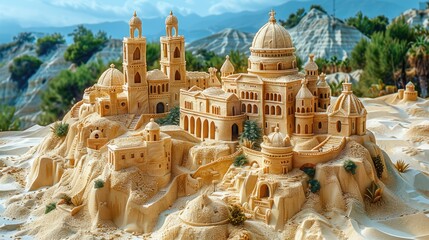 Obraz premium A detailed sandcastle resembling an ornate architectural structure in a scenic landscape.