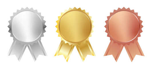 Gold silver and bronze medal with ribbon set vector illustration. Realistic isolated trophy and medal collection with metal reward badges for winners, quality certificate vector stock illustration