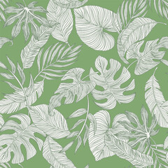 Fototapeta premium Tropic Seamless Pattern with Monstera in Watercolor Style. Vector Leaves of Philodendron and Palm. Exotic Background. Handwritten Jungle Foliage. Monochrome Tropical Seamless Pattern for Cloth Design.