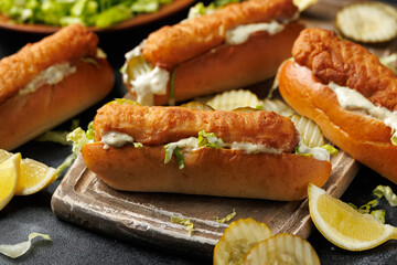 Fish finger hot dogs with gherkin and tartar sauce