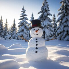 Obraz premium A clean white snowman stands in the middle of fresh, untouched snow, with soft sunlight gently shining down, creating a peaceful morning atmosphere.