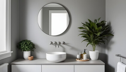 Minimalist Bathroom Featuring White Sink and Round Mirror with Natural Light Reflection