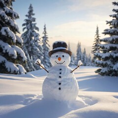 A clean white snowman stands in the middle of fresh, untouched snow, with soft sunlight gently shining down, creating a peaceful morning atmosphere.
