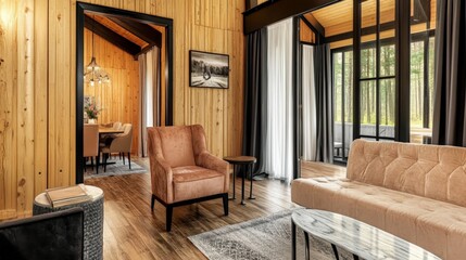Fototapeta premium Country style home interior design. Living room with Beige sofa and natural wood elements, and black accent elements.