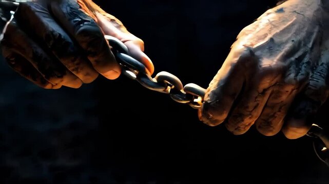 Dirty hands grip a metal chain, symbolizing hard work, resilience, and the struggle for freedom. Ideal for labor, industry, and motivational themes.. AI Generation